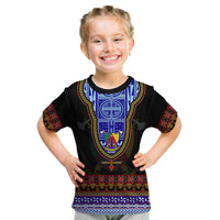 Kid black Cameroon T-shirt with Atoghu crest graphic and colorful patterned hem, crew neck