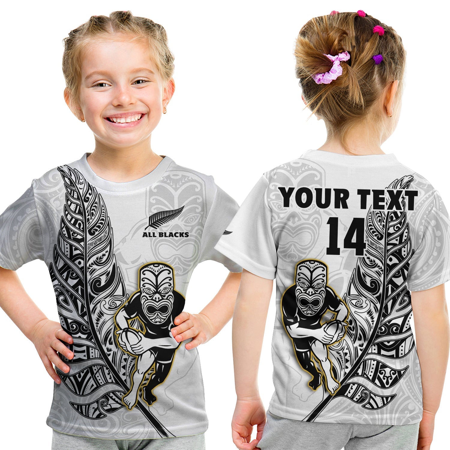 Custom Text And Number New Zealand 2022 Rugby T Shirt KID All Black Silver Fern Maori Pattern Version White - Wonder Print Shop