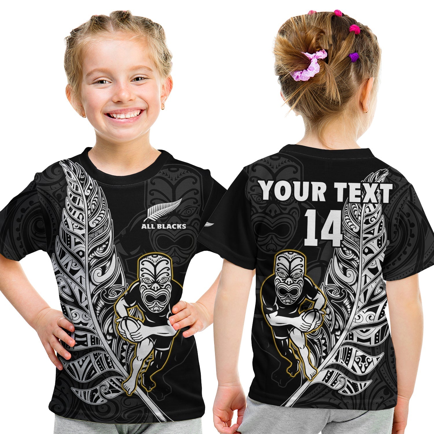 Custom Text And Number New Zealand 2022 Rugby T Shirt KID All Black Silver Fern Maori Pattern Version Black - Wonder Print Shop