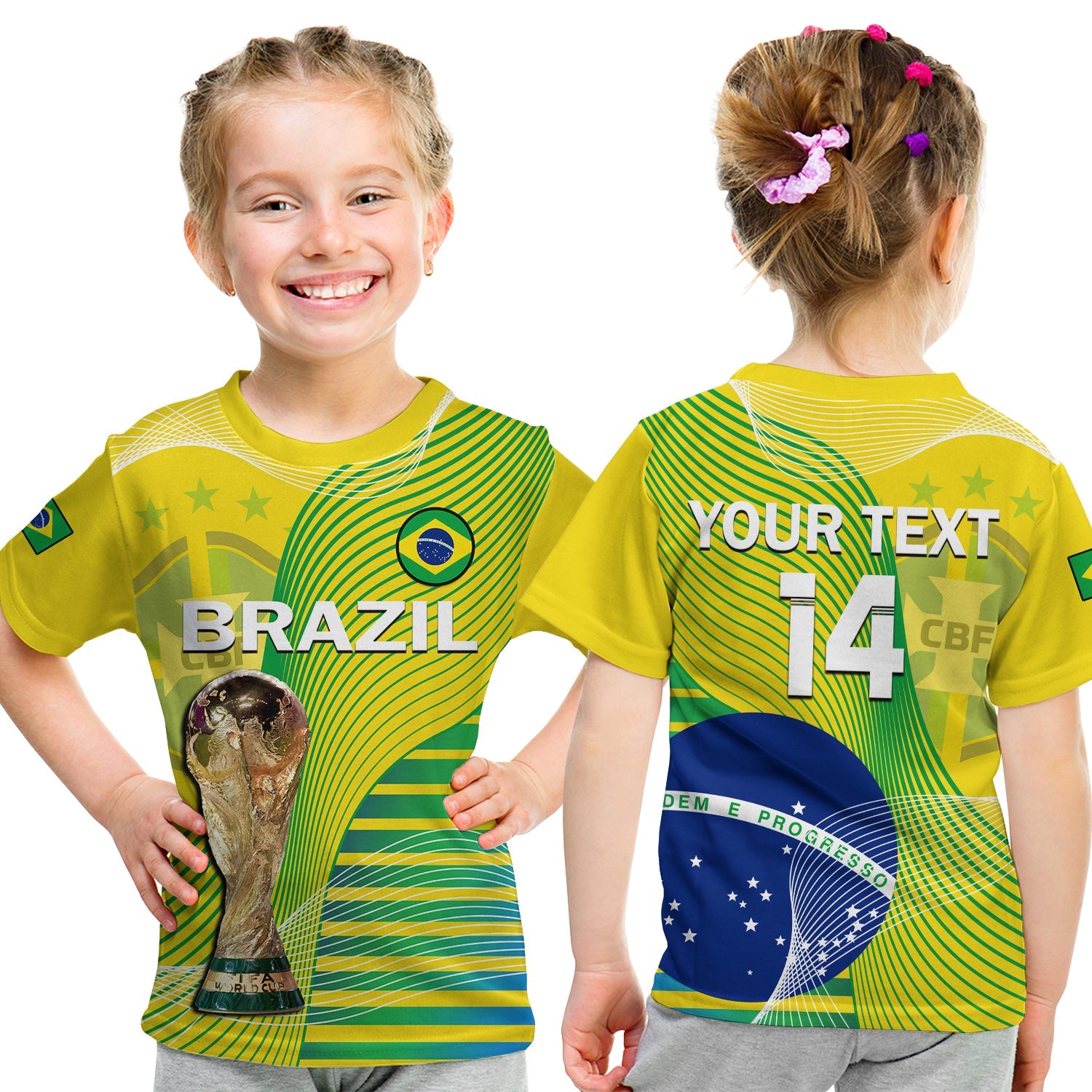 (Custom Text And Number) Brazil Football T Shirt KID Canarinha Champions WC 2022 - Wonder Print Shop