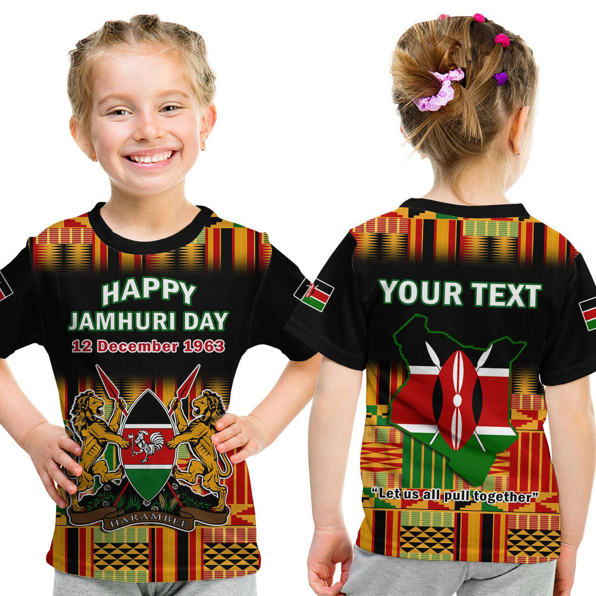 Kids' black t-shirt with Happy Jamhuri Day graphic and multicolor patterned design