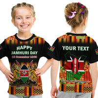 Kids' black t-shirt with Happy Jamhuri Day graphic and multicolor patterned design