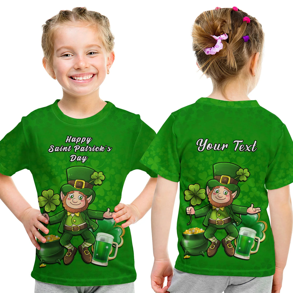Kids green T-shirt with Happy Saint Patrick's Day print, leprechaun and shamrocks