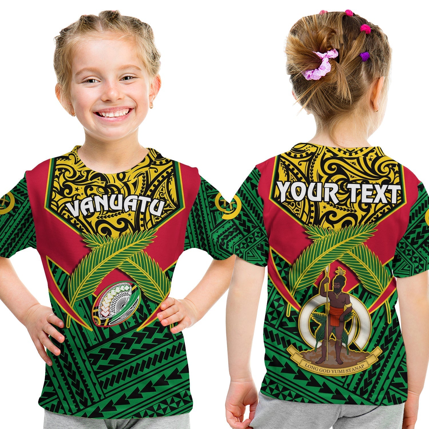 Custom Personalised Vanuatu Rugby T Shirt KID Coat Of Arms Polynesian Pattern - Wonder Print Shop