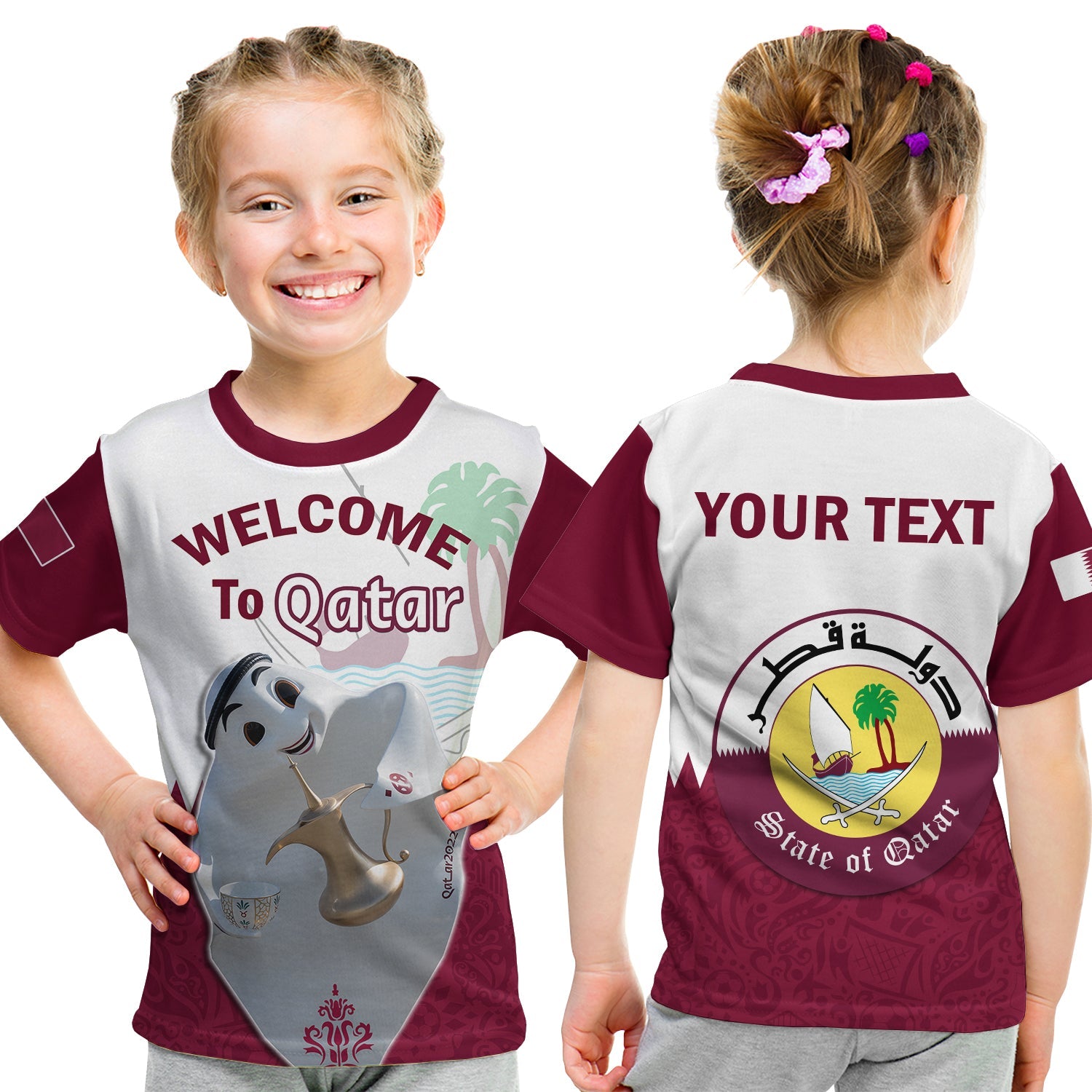 custom-personalised-qatar-t-shirt-kid-happy-laeeb-mascot-world-cup-2022-welcome-to-qatari