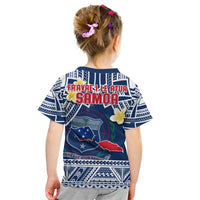 Kids navy-blue graphic T-shirt with red Samoan text and plumeria on back