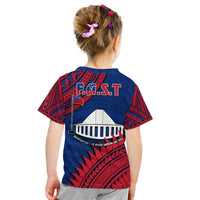 Kids T-shirt in blue and red with Polynesian back graphic and large F.A.S.T logo