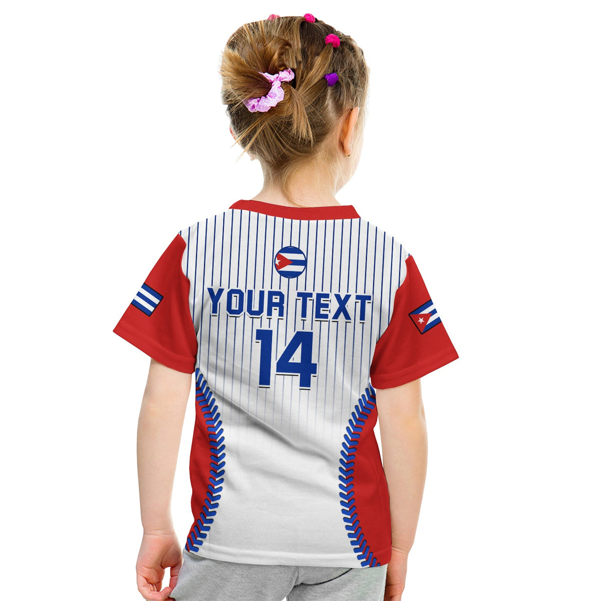 Kids baseball T-shirt back: white with red trim, blue stripes, “YOUR TEXT” and 14