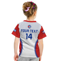 Kids baseball T-shirt back: white with red trim, blue stripes, “YOUR TEXT” and 14