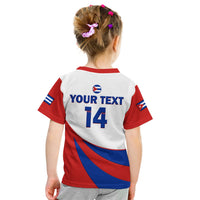 Kids baseball T-shirt back, white with red sleeves, 'YOUR TEXT 14' over blue-red waves.