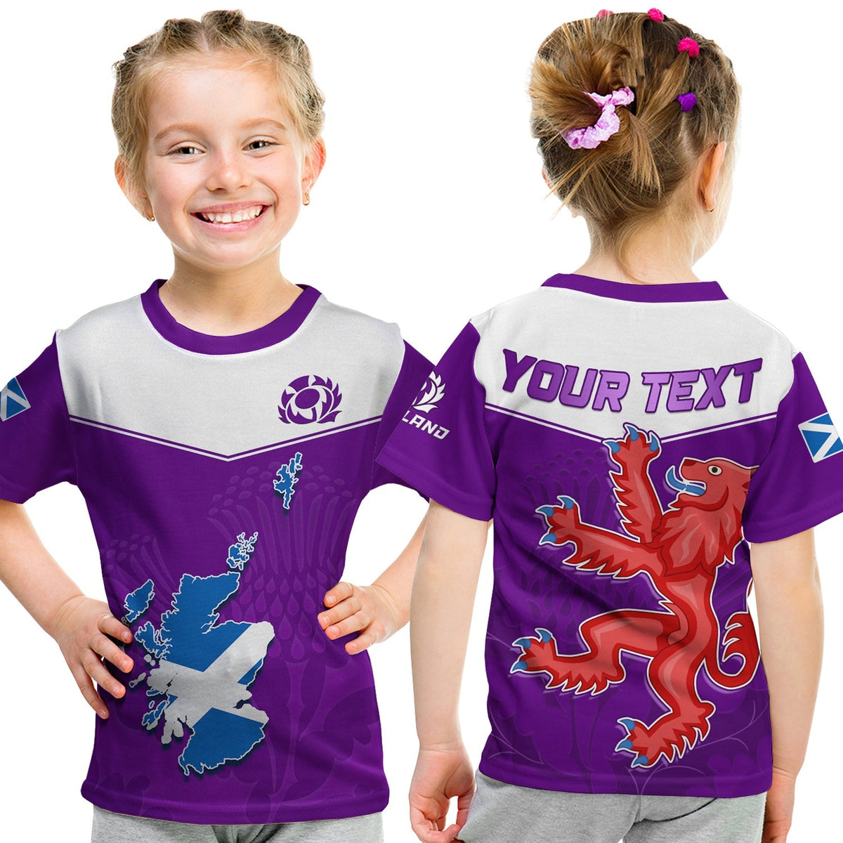 Kids purple and grey rugby T-shirt with Scotland map, thistle logo and custom text panel