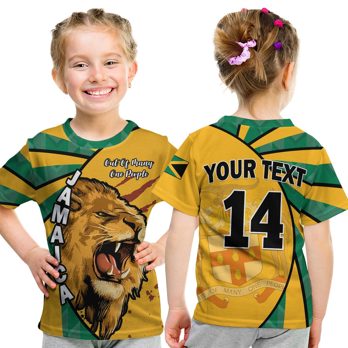 Kids Jamaica T-shirt, yellow/green stripes, lion graphic, “Out of many one people”