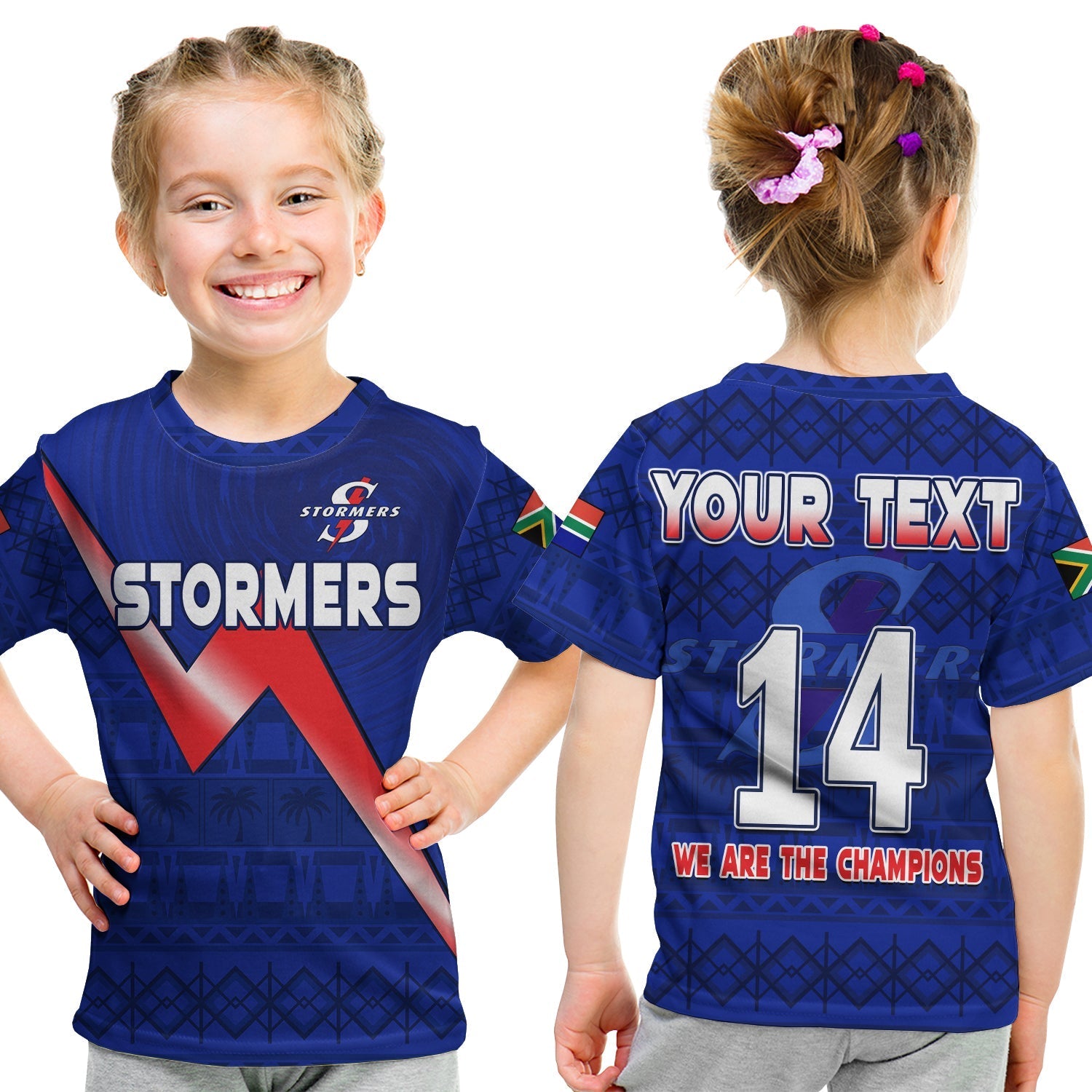 custom-text-and-number-stormers-south-africa-rugby-t-shirt-kid-we-are-the-champions-urc-african-pattern