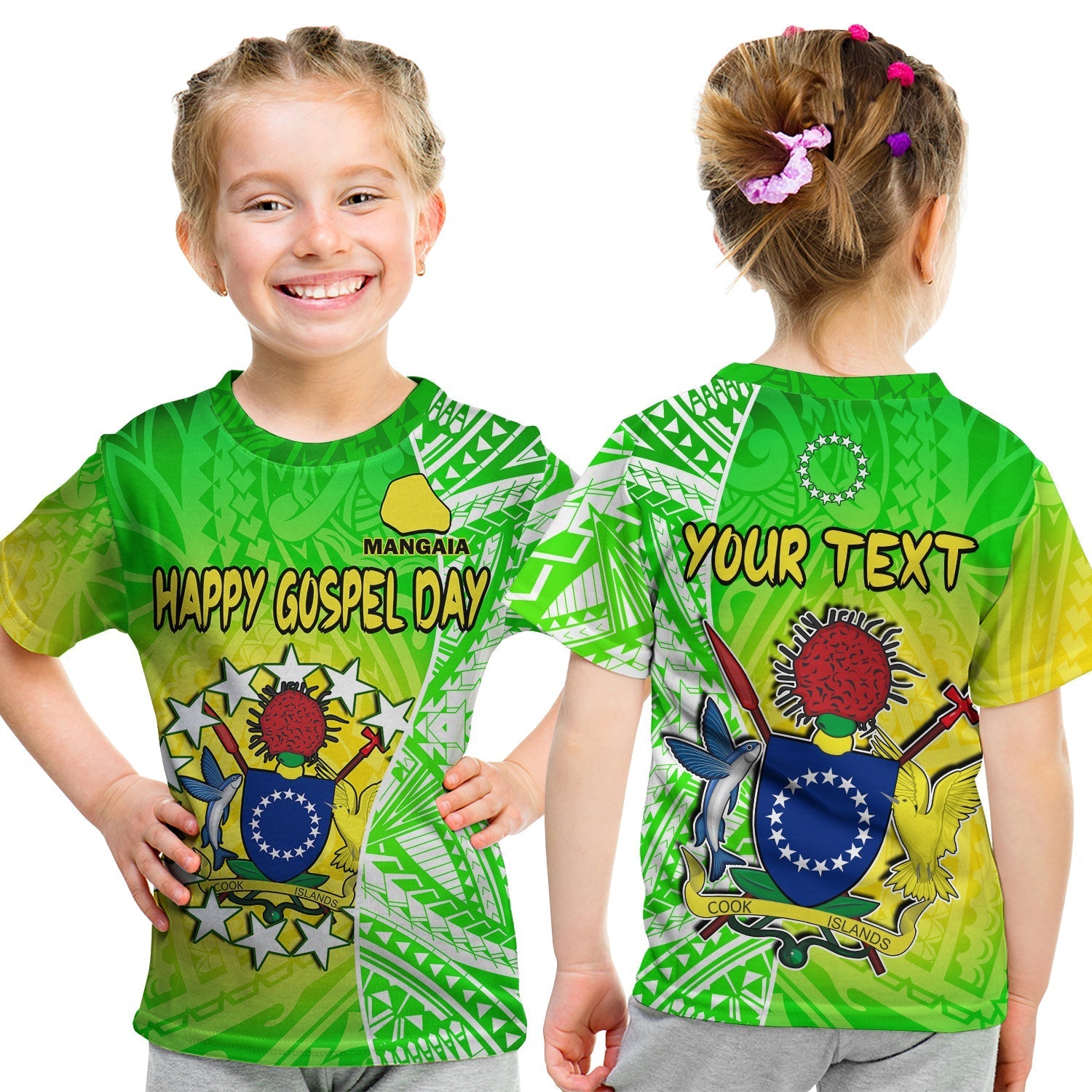 custom-personalised-happy-mangaia-gospel-day-t-shirt-kid-cook-islands-coat-of-arms-polynesian-pattern