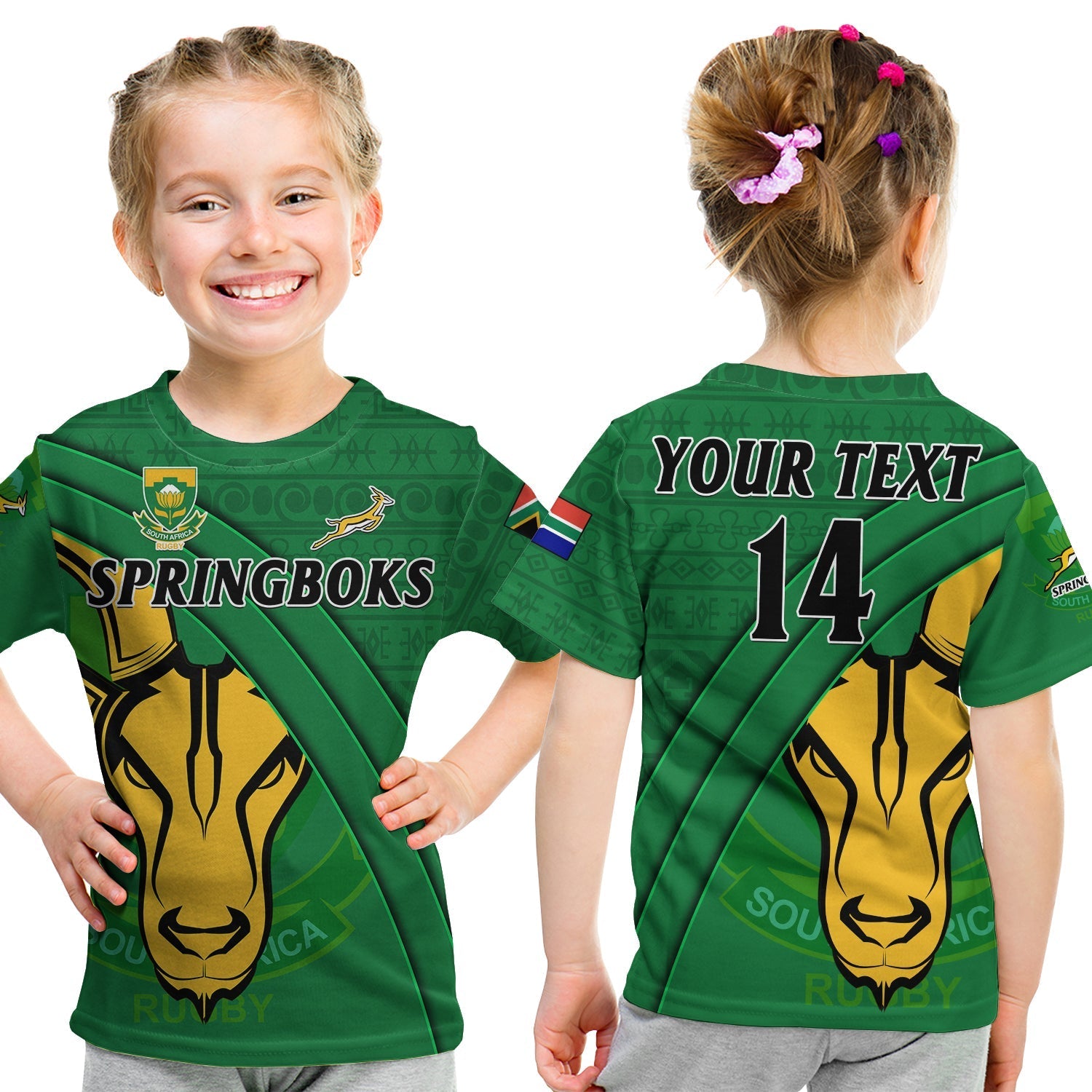 custom-text-and-number-south-africa-rugby-t-shirt-kid-bokke-springbok-with-african-pattern-stronger-together