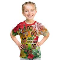 Kids aloha poly fest t-shirt, red with tropical character, tiki and flower print