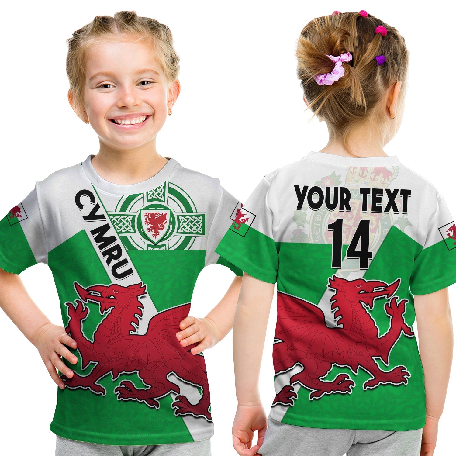 (Custom Text And Number) Wales Football T Shirt KID Come On Welsh Dragons With Celtic Knot Pattern - Wonder Print Shop