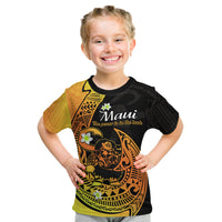 Kids T-shirt in black with gold gradient Polynesian Maui fish-hook graphic