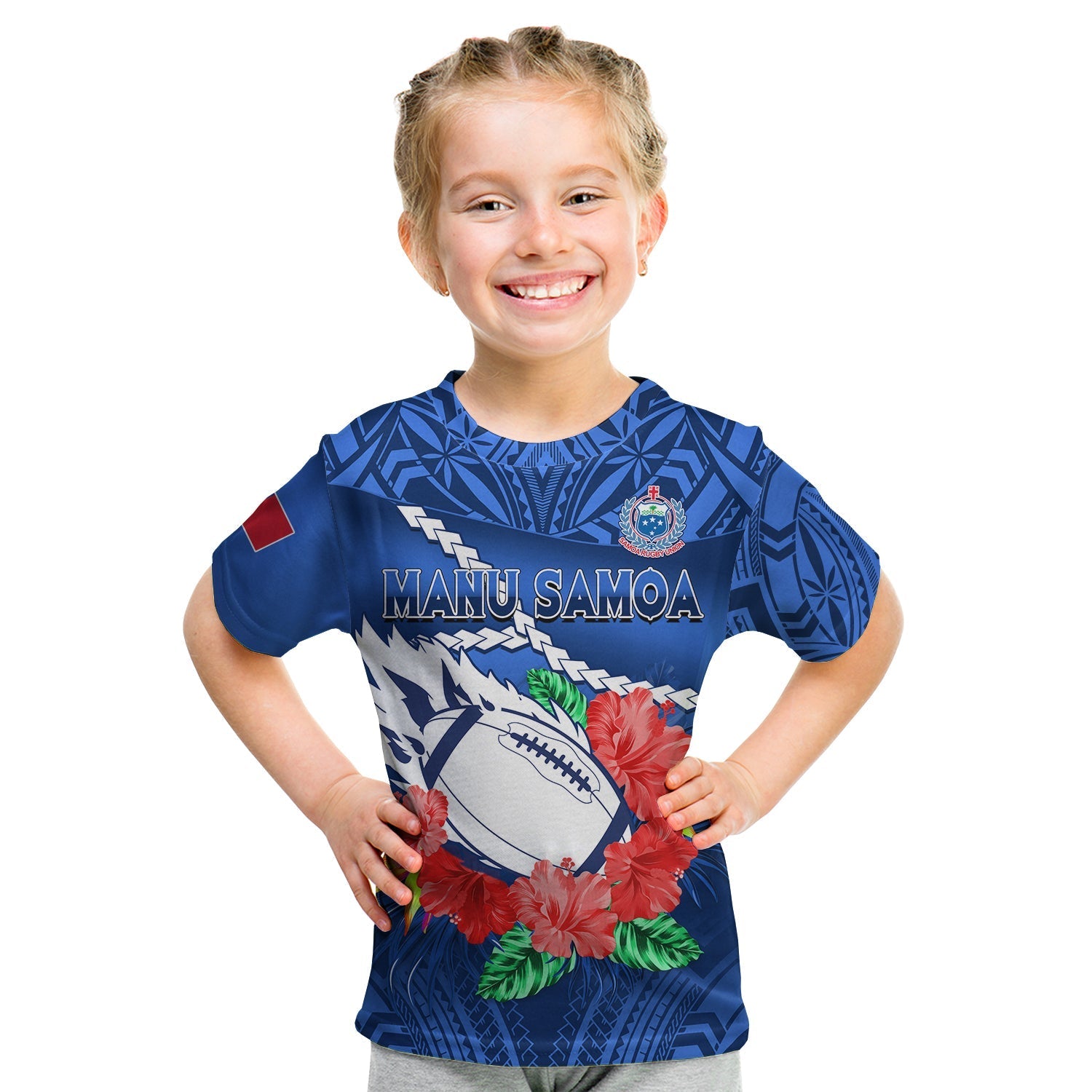 Samoa Rugby T shirt KID Manu Samoa Polynesian Hibiscus Blue Style - Wonder Print Shop