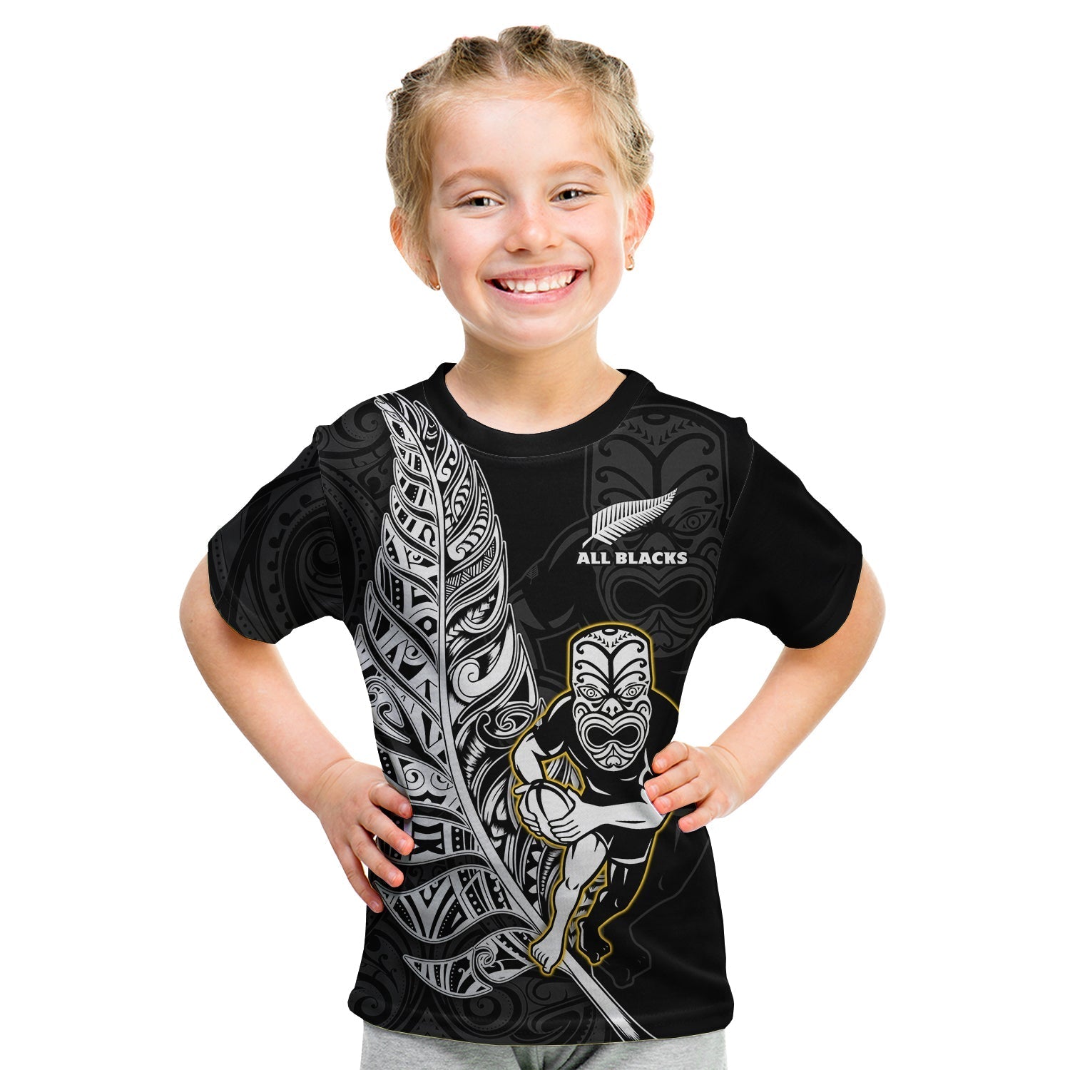 New Zealand 2022 Rugby T Shirt KID All Black Silver Fern Maori Pattern Version Black - Wonder Print Shop