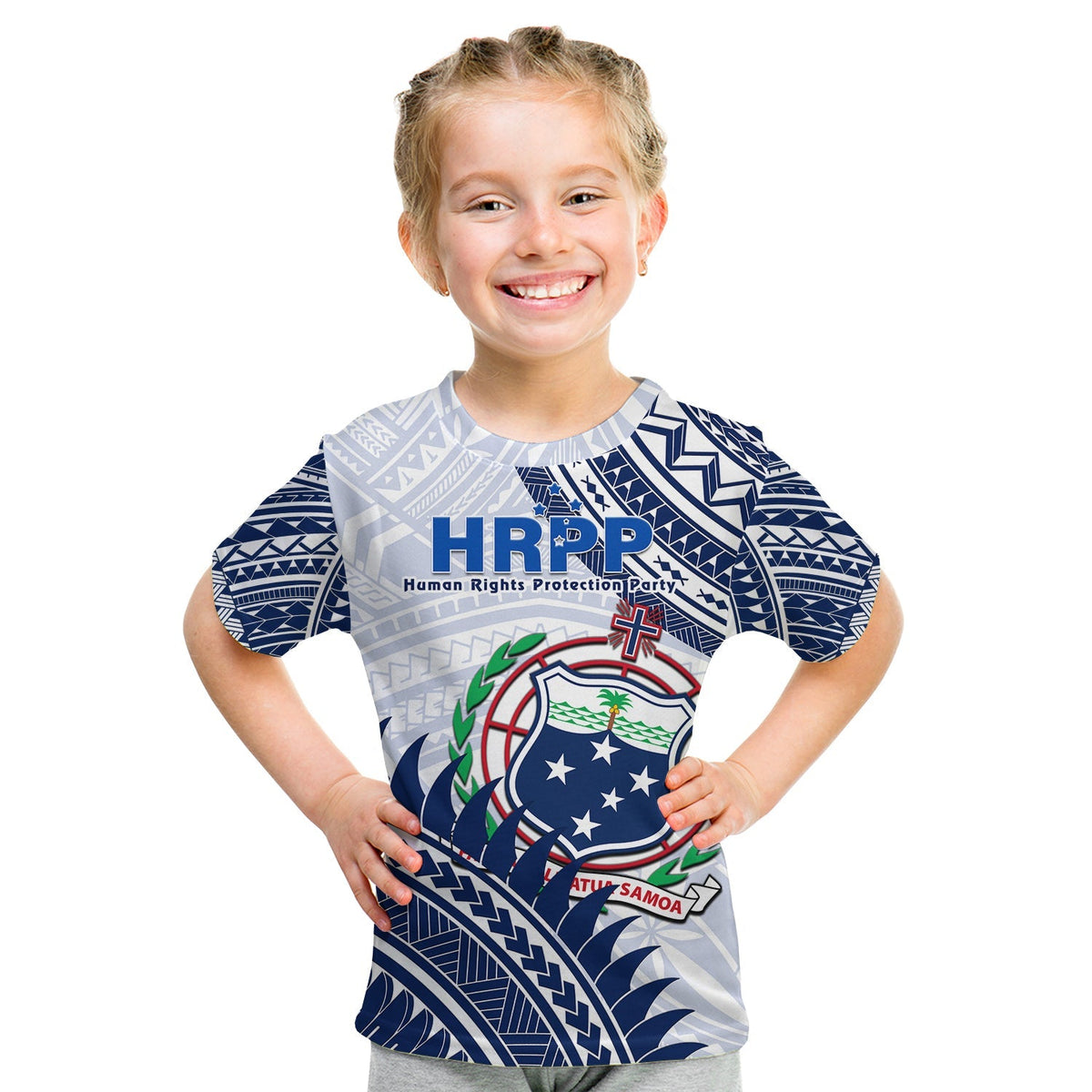 Samoan coat of arms graphic T-shirt, white with navy tribal print and colorful emblem