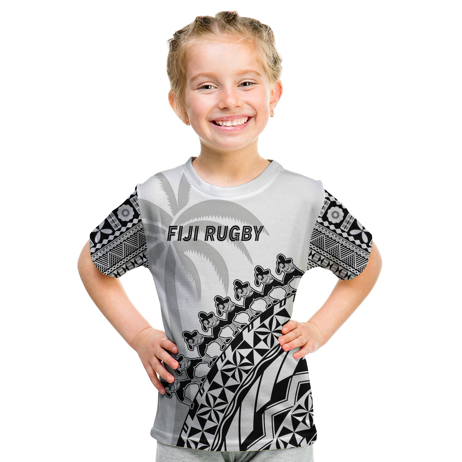 Fiji Rugby T Shirt KID Fijian Cibi Dance Tapa Pattern White - Wonder Print Shop