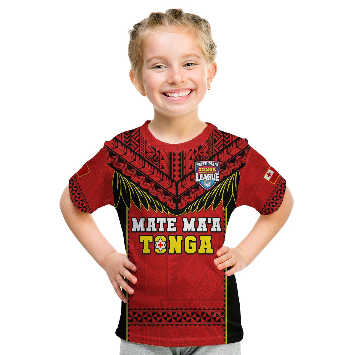 Kids Tonga rugby t-shirt, red front graphic with Mate Maa Tonga text and yellow wings