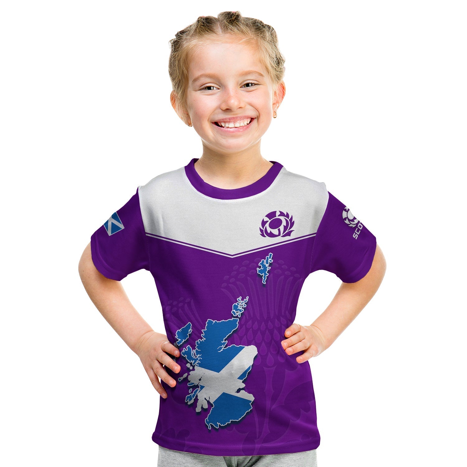 Scottish Rugby T shirt KID Map Of Scotland Thistle Purple Version - Wonder Print Shop