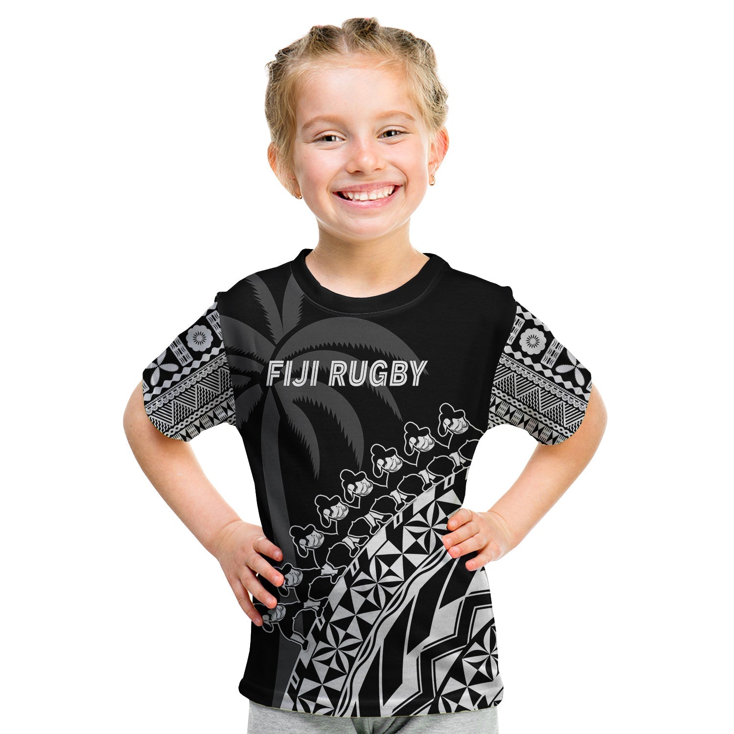 Fiji Rugby T Shirt KID Fijian Cibi Dance Tapa Pattern Black - Wonder Print Shop