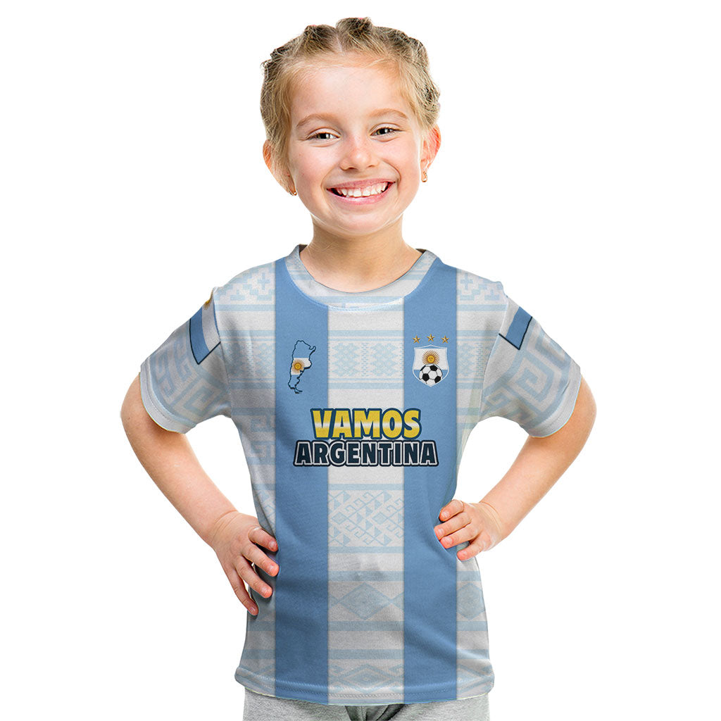 Camiseta infantil Argentina 2022 azul/blanco con 'VAMOS ARGENTINA' en el frente