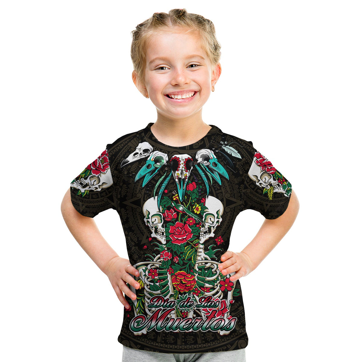 Kids black graphic T-shirt with skulls, roses, and teal/red Dia de los Muertos print