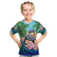 Kids blue tropical T-shirt with turtle and orchid front graphic, palm leaves sleeves.
