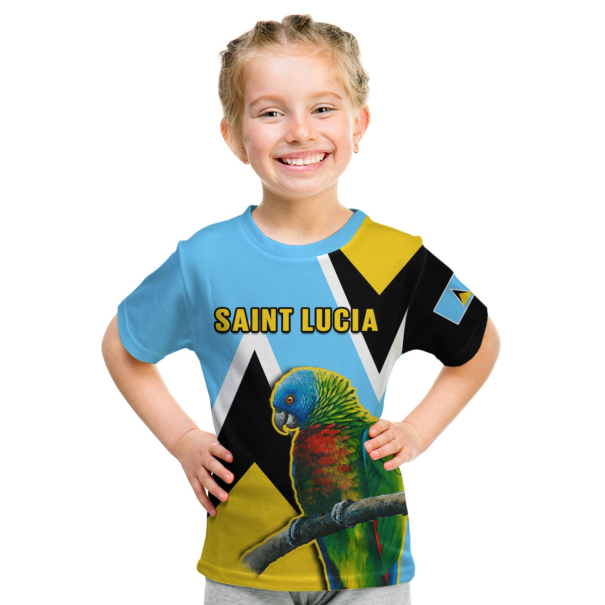 Kids light blue T-shirt with parrot graphic and "SAINT LUCIA" on front