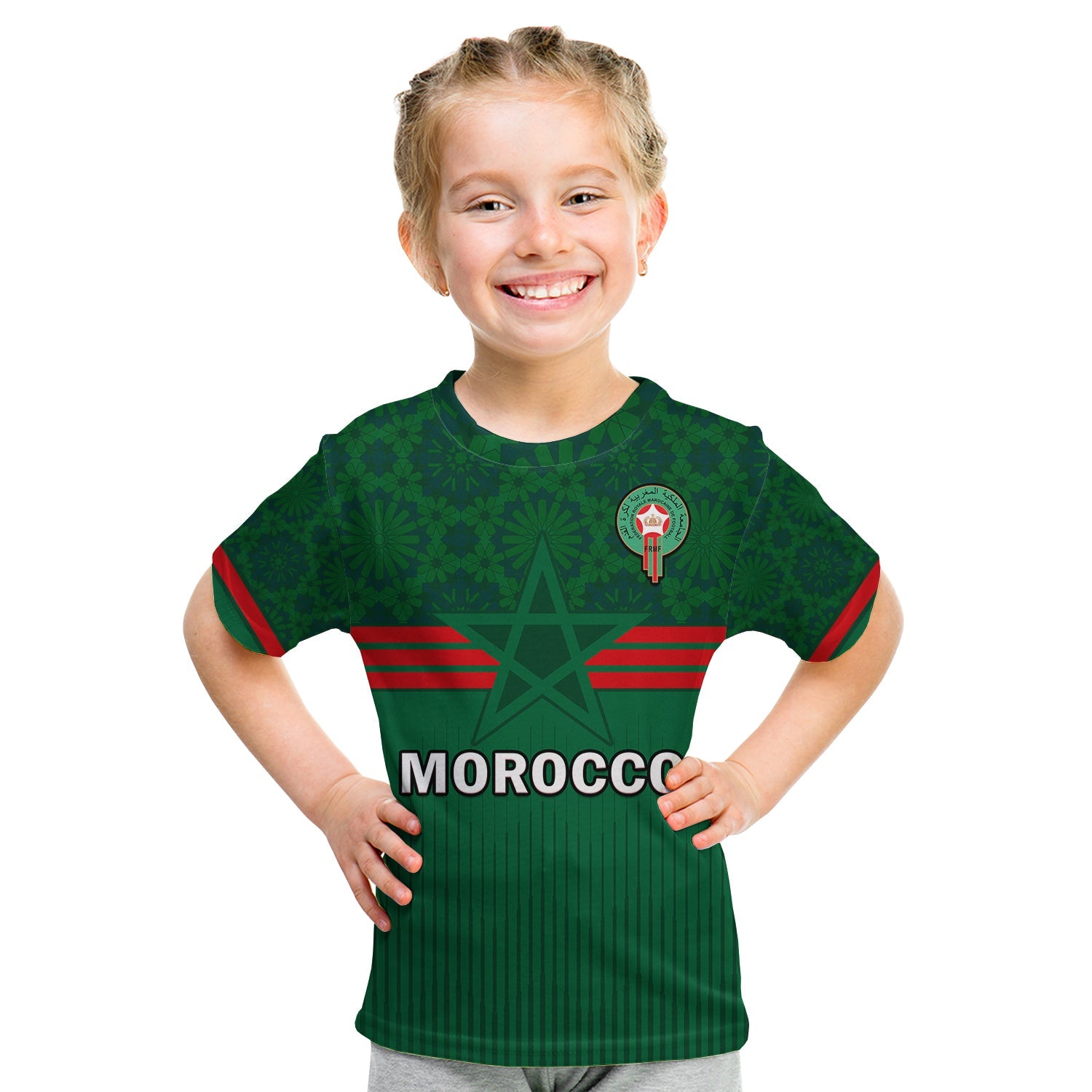 Morocco Football T Shirt KID World Cup 2022 Green Moroccan Pattern - Wonder Print Shop