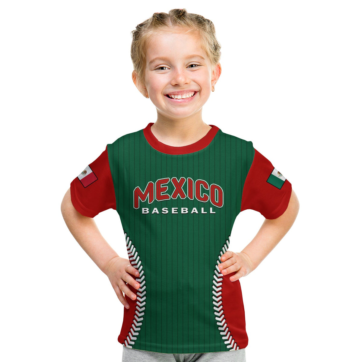 Kids baseball jersey with green pinstripes and red sleeves, MEXICO BASEBALL front print