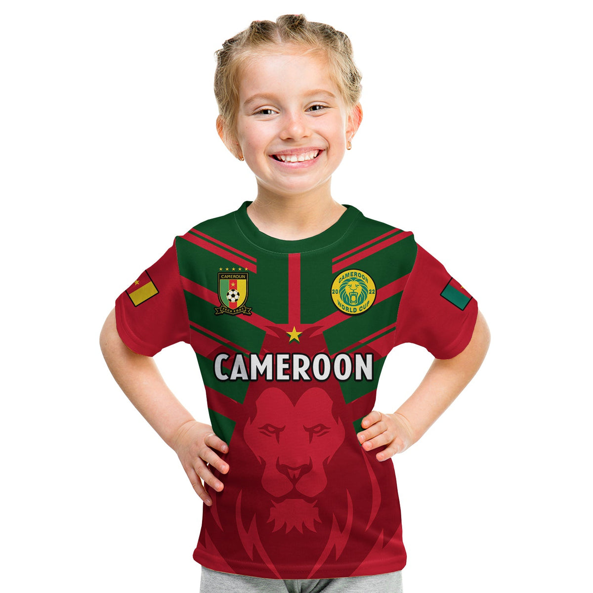 Kids football T-shirt in red and green with Cameroon crest and lion graphic