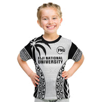 Kids white and black Fiji National University T-shirt with tapa pattern, crew neck, front