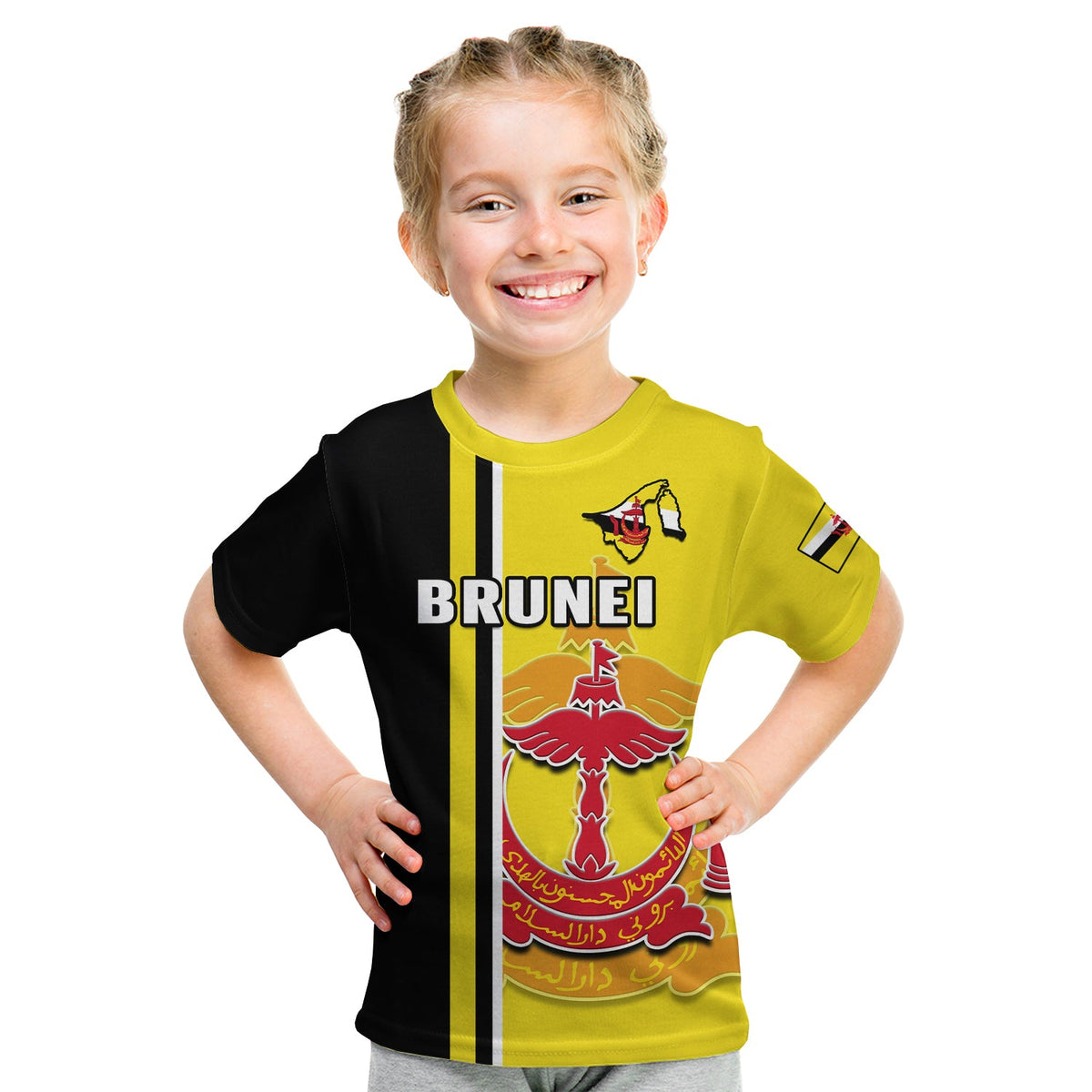 Kids yellow and black T-shirt with independence crest and vertical stripe graphic