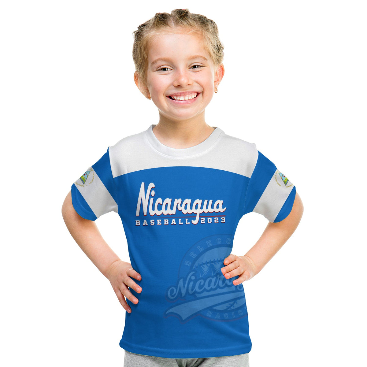 Kids baseball T-shirt, blue front with white sleeves and Nicaragua 2023 print