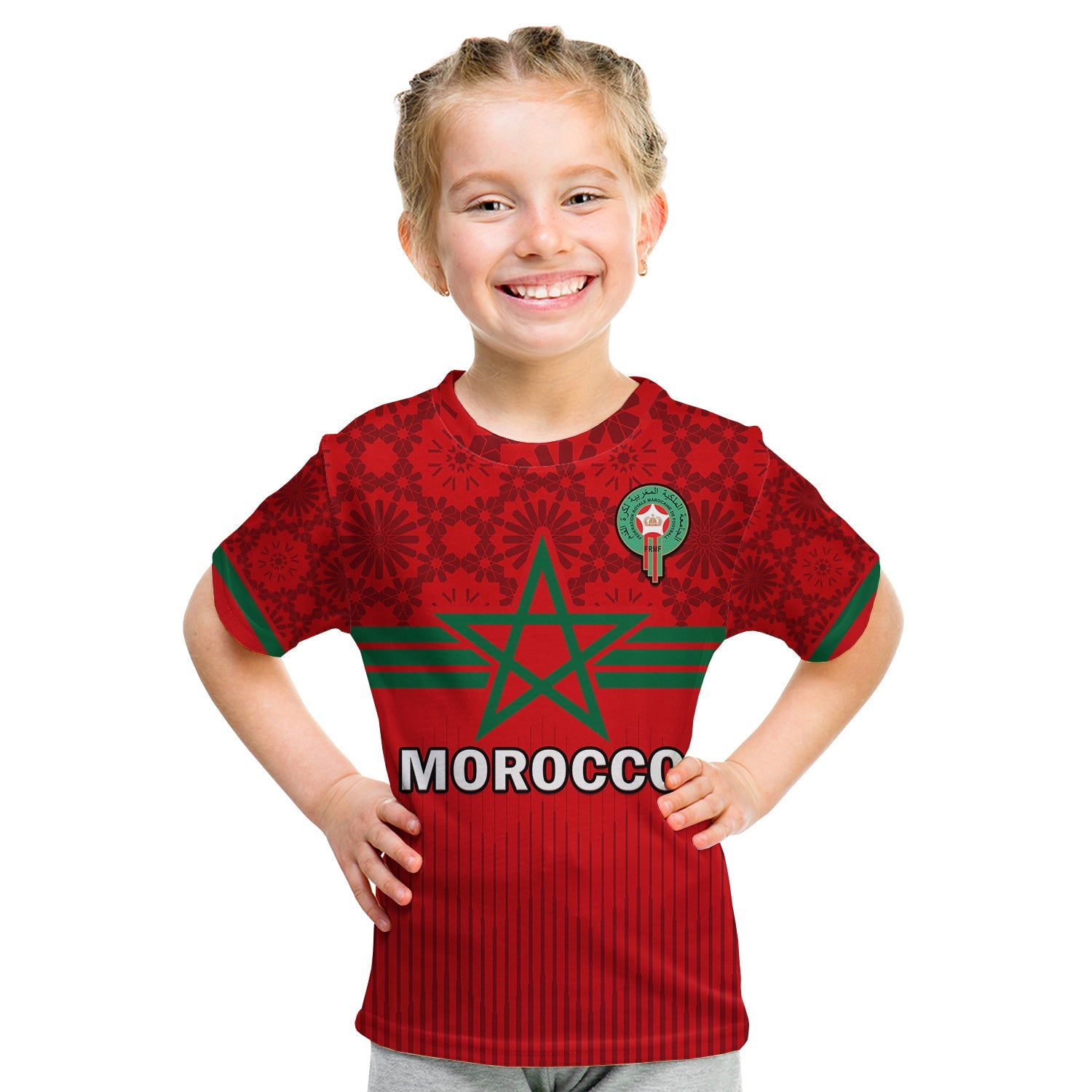 (Custom Text And Number) Morocco Football T Shirt KID World Cup 2022 Red Moroccan Pattern - Wonder Print Shop