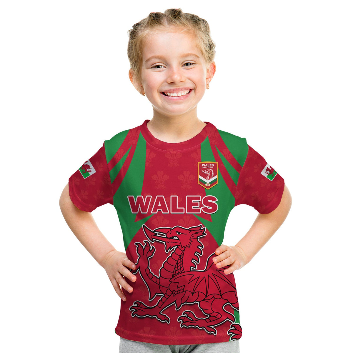 Kids rugby T-shirt with red and green chevron panels, Wales badge and dragon graphic