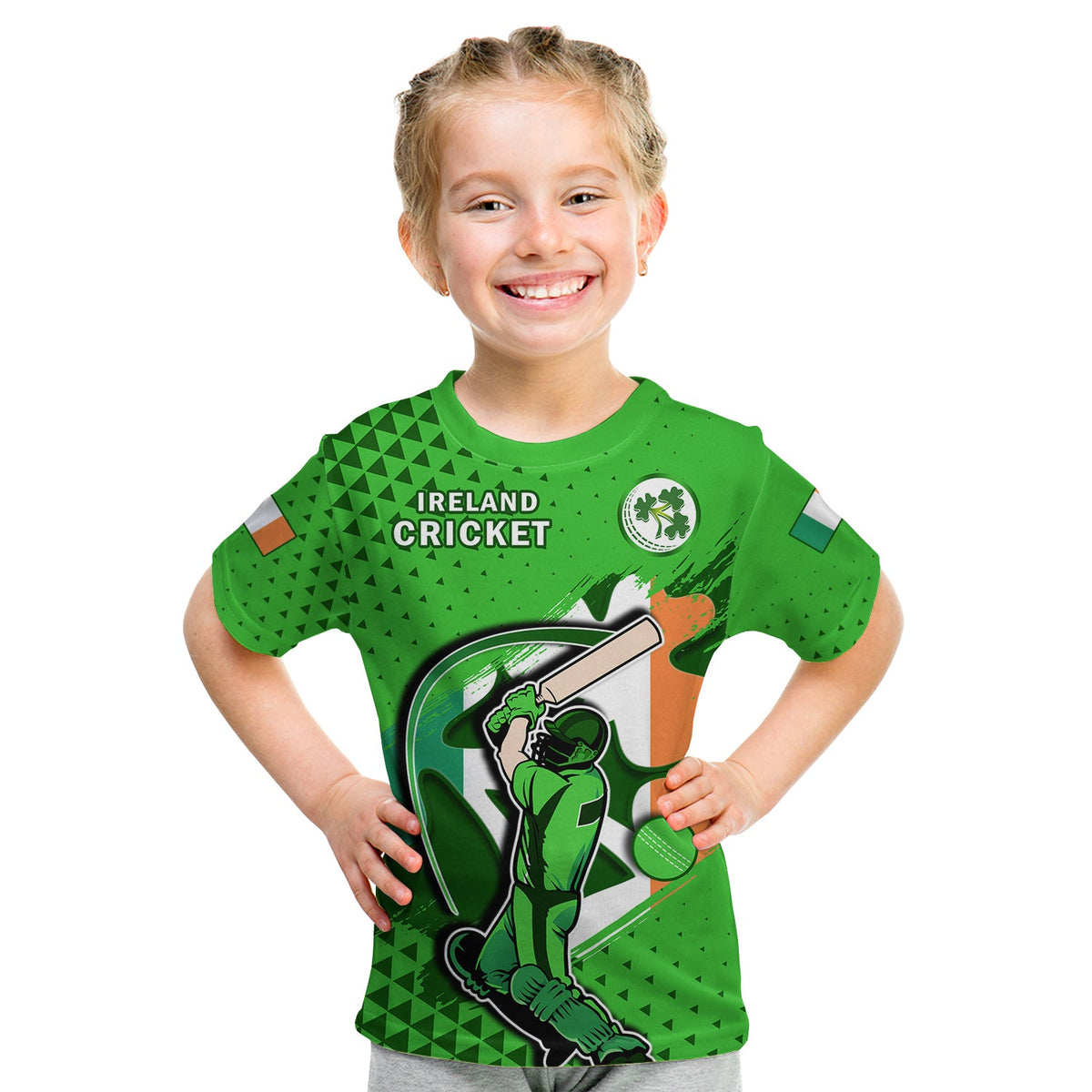 Kids green Ireland cricket T-shirt with Ireland Cricket logo, shamrock badge, graphic player