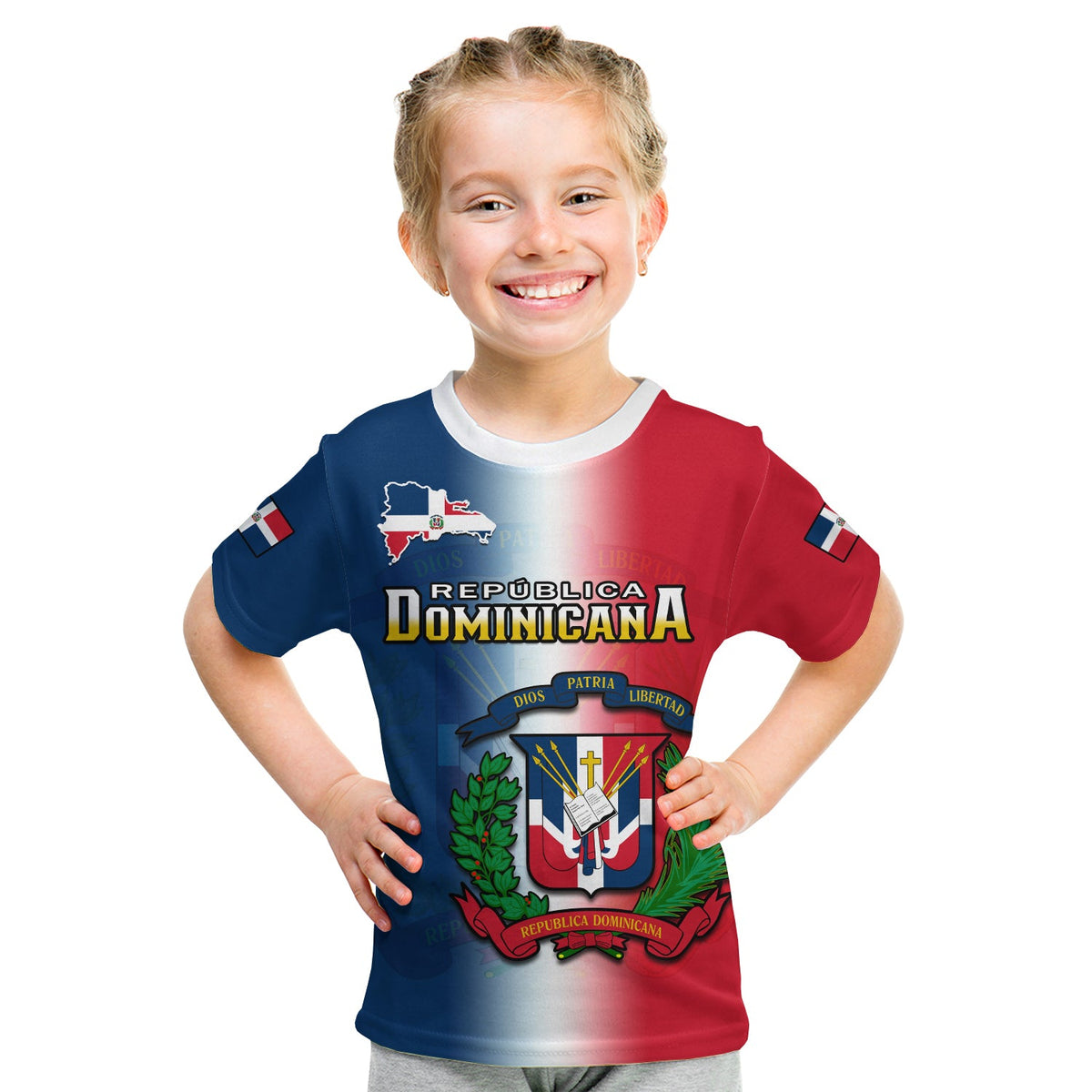 Kids Dominican Republic graphic T-shirt, red-blue gradient with coat of arms front