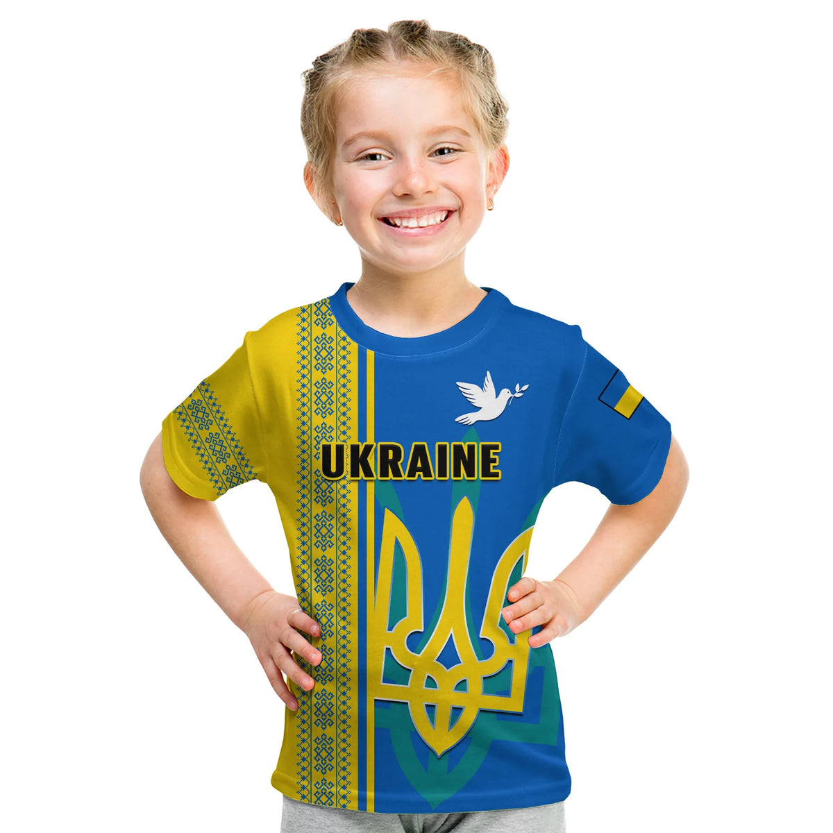 Kids graphic T-shirt: blue with yellow/green pattern and trident "UKRAINE" front