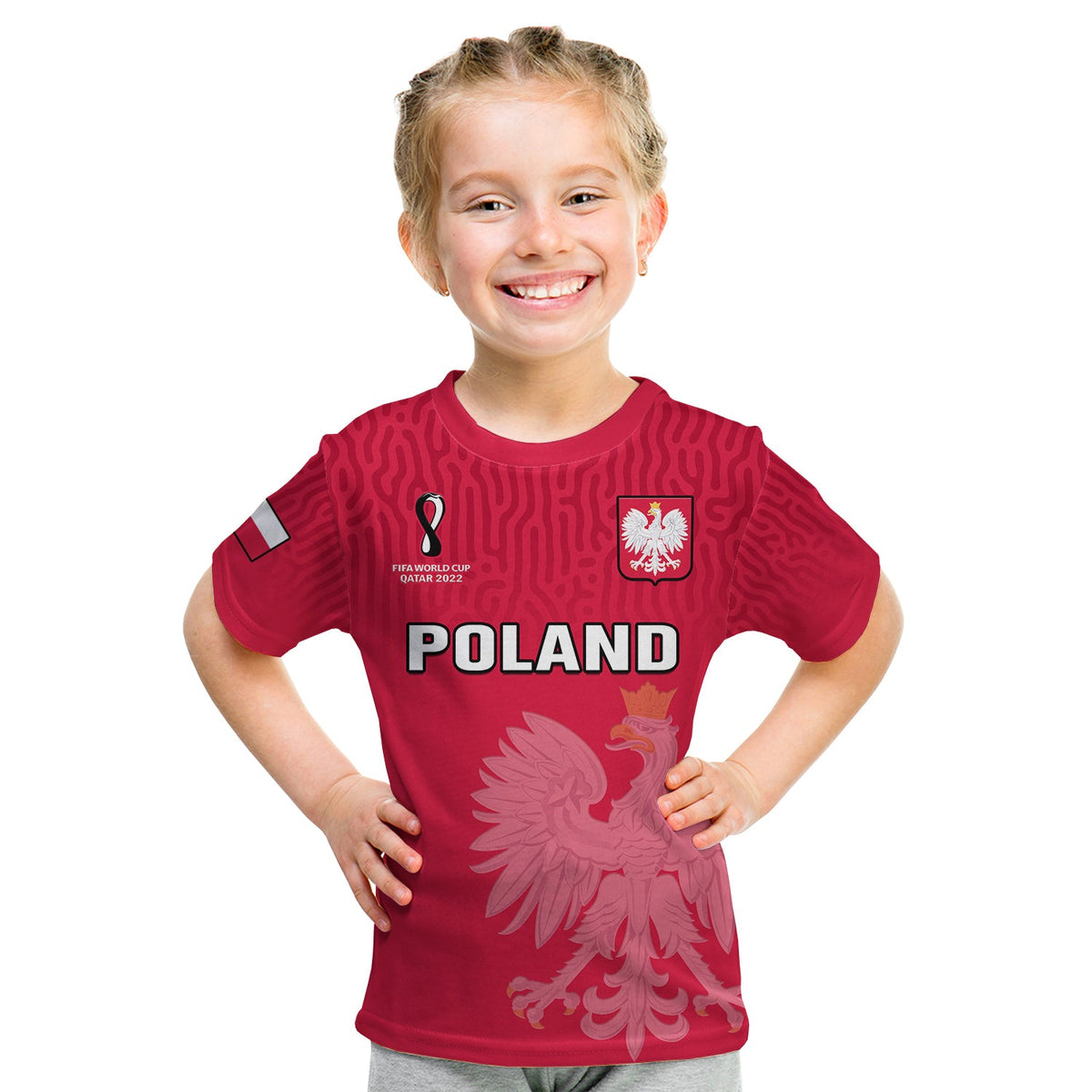 Kids red Poland football T-shirt with crest and Poland text, short sleeves