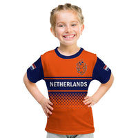 Kids Netherlands cricket T-shirt, orange with navy collar, crest and NETHERLANDS front print