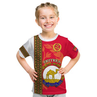 Kids T-shirt, red with Eritrea lion crest and floral border graphic