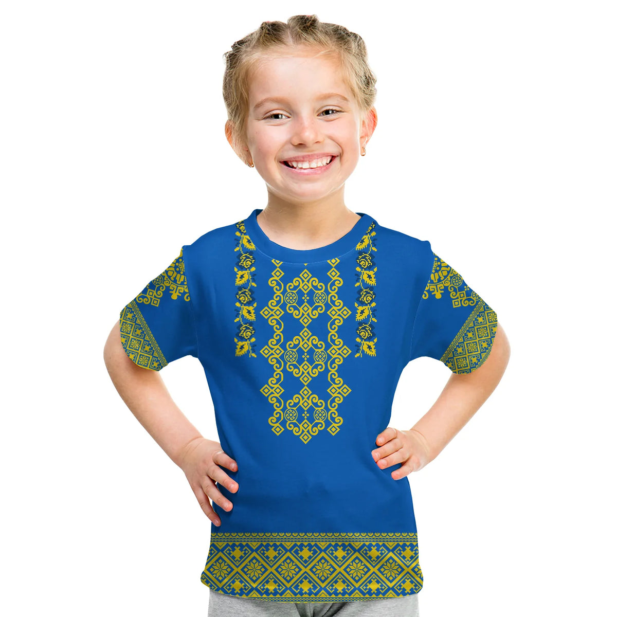 Kids blue T-shirt with yellow and green folk-style embroidered diamond pattern
