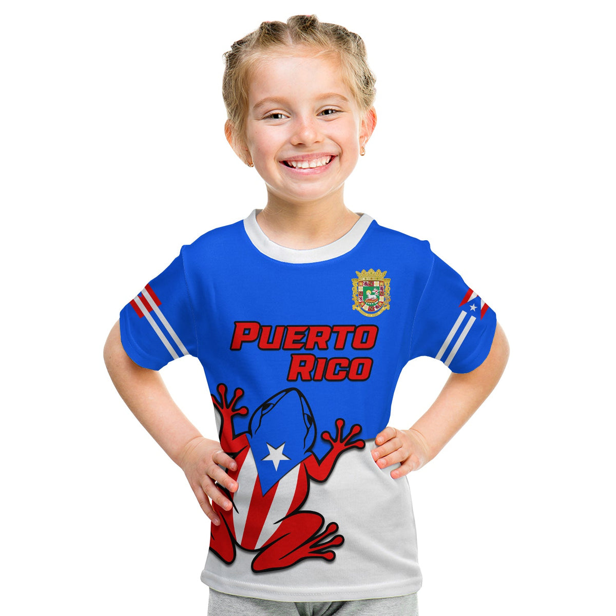 Kids blue T-shirt with Puerto Rico text, crest, frog graphic, and flag stripe sleeves