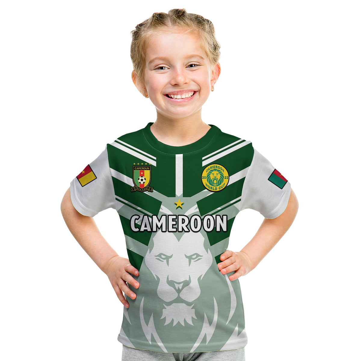Kids football t-shirt, green collar and sleeves, white body with Cameroon crest and lion print